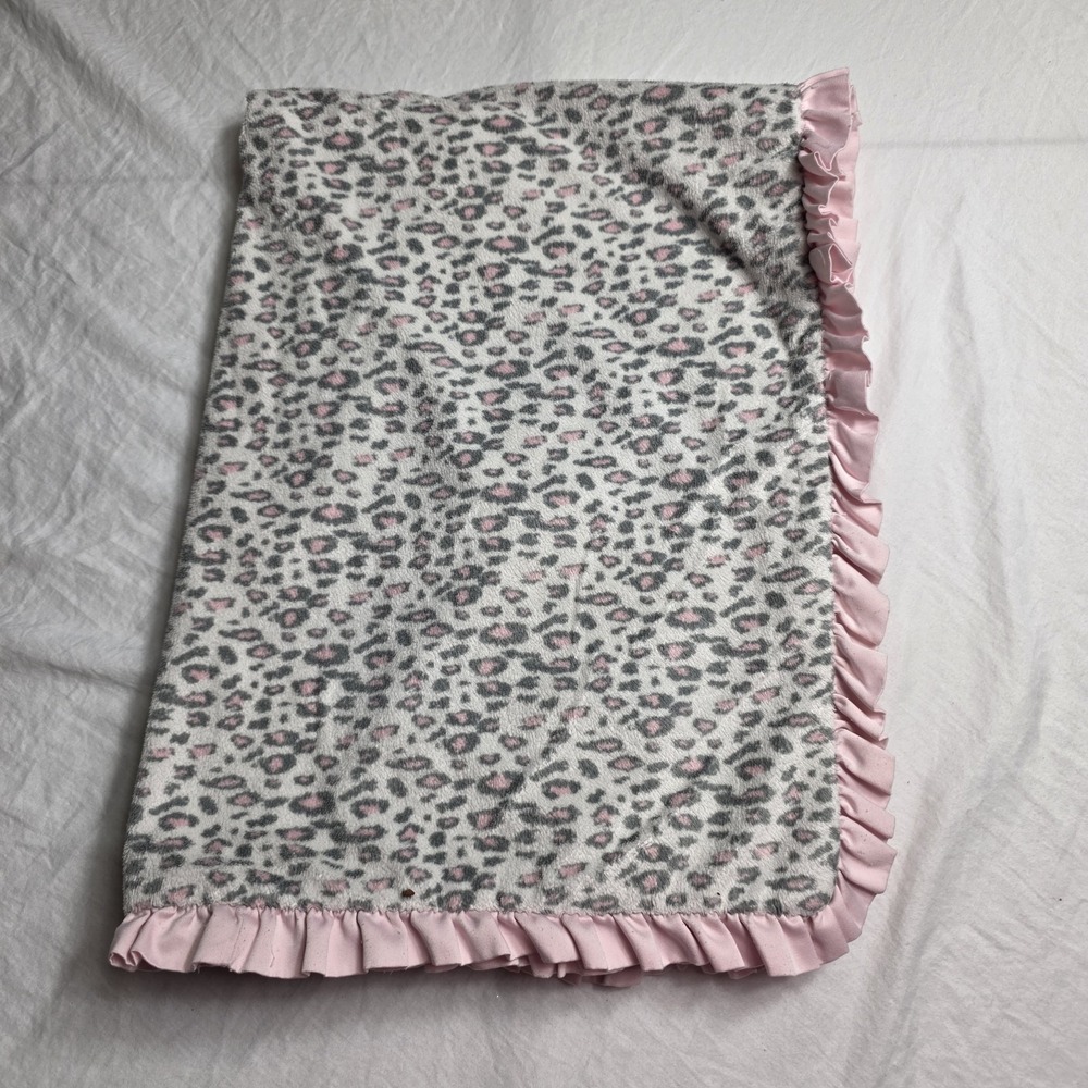 Carter's Baby Blanket Gray Leopard Cheetah Print Ruffled Pink Satin Trim Plush